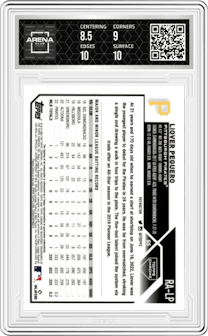 Liover Peguero from the 2023 Topps Chrome set featuring a Refractor parallel graded by Arena Club and given an overall grade of 9.