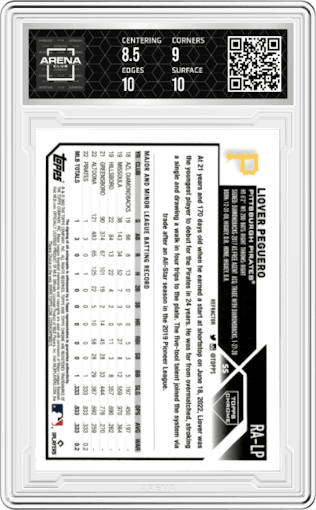 Liover Peguero from the 2023 Topps Chrome set featuring a Refractor parallel graded by Arena Club and given an overall grade of 9.