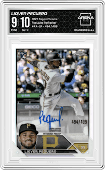 Liover Peguero from the 2023 Topps Chrome set featuring a Refractor parallel graded by Arena Club and given an overall grade of 9.