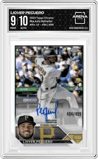 Liover Peguero from the 2023 Topps Chrome set featuring a Refractor parallel graded by Arena Club and given an overall grade of 9.