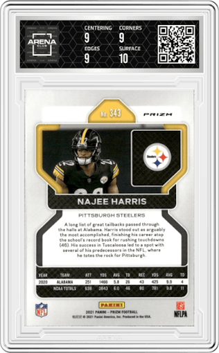 Najee Harris from the 2021 Panini Prizm set featuring a Silver Prizm parallel graded by Arena Club and given an overall grade of 9.5.