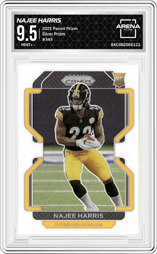Najee Harris from the 2021 Panini Prizm set featuring a Silver Prizm parallel graded by Arena Club and given an overall grade of 9.5.