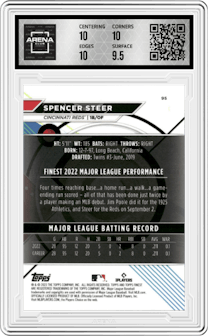Spencer Steer from the 2023 Topps Finest set featuring a Sky Blue Refractor parallel graded by Arena Club and given an overall grade of 10.