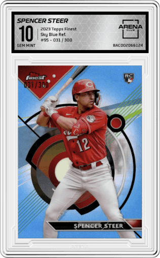 Spencer Steer from the 2023 Topps Finest set featuring a Sky Blue Refractor parallel graded by Arena Club and given an overall grade of 10.