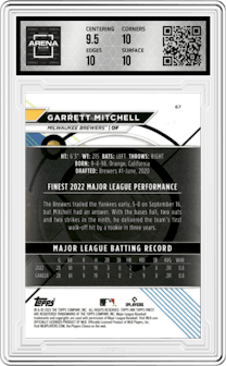 Garrett Mitchell from the 2023 Topps Finest set featuring a Sky Blue Refractor parallel graded by Arena Club and given an overall grade of 10.
