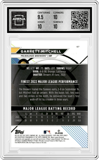 Garrett Mitchell from the 2023 Topps Finest set featuring a Sky Blue Refractor parallel graded by Arena Club and given an overall grade of 10.