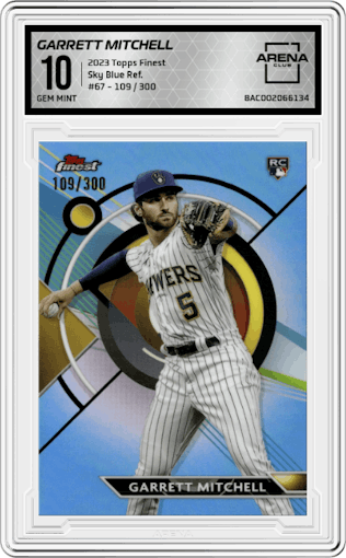 Garrett Mitchell from the 2023 Topps Finest set featuring a Sky Blue Refractor parallel graded by Arena Club and given an overall grade of 10.