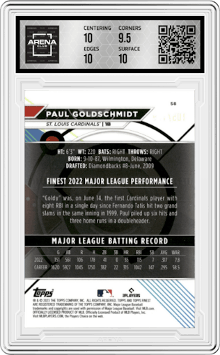 Paul Goldschmidt from the 2023 Topps Finest set featuring a Aqua Refractor parallel graded by Arena Club and given an overall grade of 10.