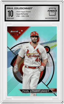 Paul Goldschmidt from the 2023 Topps Finest set featuring a Aqua Refractor parallel graded by Arena Club and given an overall grade of 10.