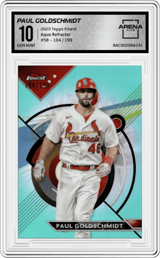 Paul Goldschmidt from the 2023 Topps Finest set featuring a Aqua Refractor parallel graded by Arena Club and given an overall grade of 10.