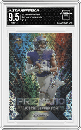 Justin Jefferson from the 2023 Panini Prizm set featuring a No Huddle parallel graded by Arena Club and given an overall grade of 9.5.