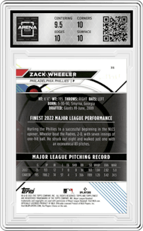 Zack Wheeler from the 2023 Topps Finest set featuring a Aqua Refractor parallel graded by Arena Club and given an overall grade of 10.