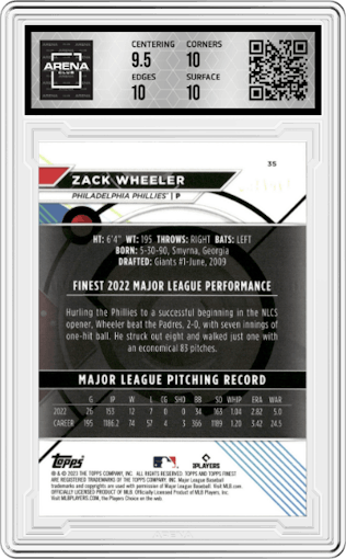 Zack Wheeler from the 2023 Topps Finest set featuring a Aqua Refractor parallel graded by Arena Club and given an overall grade of 10.