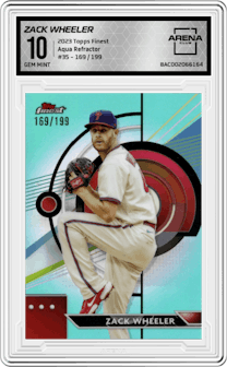 Zack Wheeler from the 2023 Topps Finest set featuring a Aqua Refractor parallel graded by Arena Club and given an overall grade of 10.