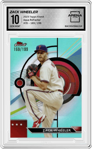 Zack Wheeler from the 2023 Topps Finest set featuring a Aqua Refractor parallel graded by Arena Club and given an overall grade of 10.