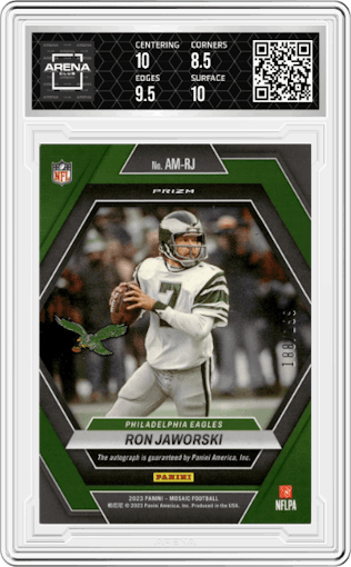 Ron Jaworski from the 2023 Panini Mosaic set featuring a Red Mosaic parallel graded by Arena Club and given an overall grade of 9.