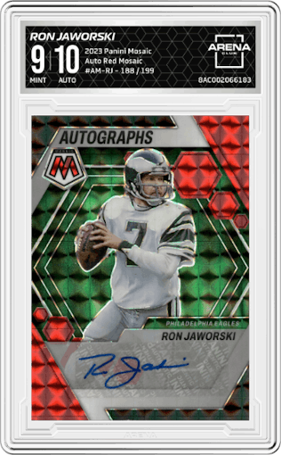 Ron Jaworski from the 2023 Panini Mosaic set featuring a Red Mosaic parallel graded by Arena Club and given an overall grade of 9.
