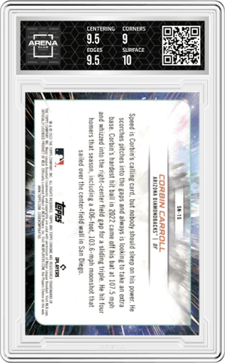 Corbin Carroll from the 2023 Topps Cosmic Chrome set graded by Arena Club and given an overall grade of 9.5.