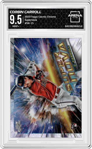Corbin Carroll from the 2023 Topps Cosmic Chrome set graded by Arena Club and given an overall grade of 9.5.