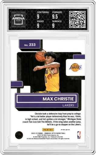 Max Christie from the 2022-23 Panini Donruss Optic  set featuring a Choice parallel graded by Arena Club and given an overall grade of 9.5.