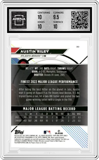 Austin Riley from the 2023 Topps Finest set featuring a Aqua Shimmer Refractor parallel graded by Arena Club and given an overall grade of 10.