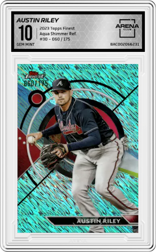 Austin Riley from the 2023 Topps Finest set featuring a Aqua Shimmer Refractor parallel graded by Arena Club and given an overall grade of 10.