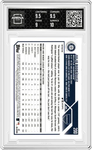 Julio Rodiguez from the 2023 Topps Chrome set featuring a Refractor parallel graded by Arena Club and given an overall grade of 9.5.