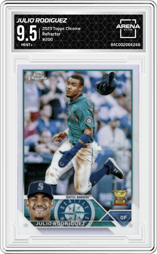 Julio Rodiguez from the 2023 Topps Chrome set featuring a Refractor parallel graded by Arena Club and given an overall grade of 9.5.