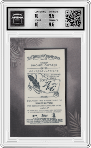 Shohei Ohtani from the 2019 Topps Allen & Ginter set featuring a Black parallel graded by Arena Club and given an overall grade of 10.