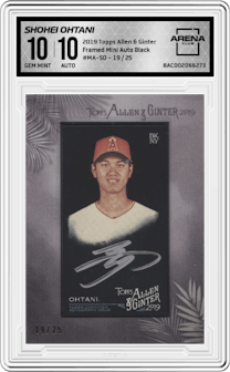 Shohei Ohtani from the 2019 Topps Allen & Ginter set featuring a Black parallel and given an overall grade of 10.