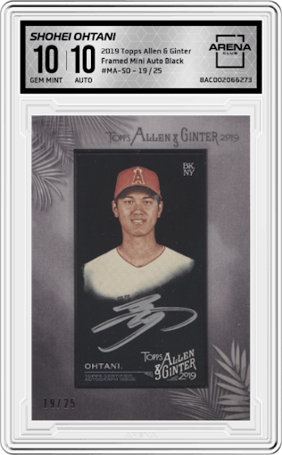 Shohei Ohtani from the 2019 Topps Allen & Ginter set featuring a Black parallel graded by Arena Club and given an overall grade of 10.