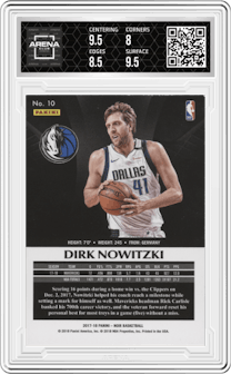 Dirk Nowitzki from the 2017-18 Panini Noir set featuring a Platinum parallel graded by Arena Club and given an overall grade of 8.5.
