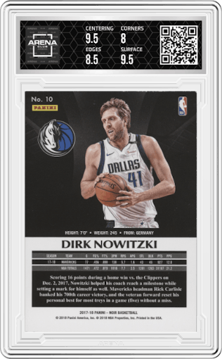 Dirk Nowitzki from the 2017-18 Panini Noir set featuring a Platinum parallel graded by Arena Club and given an overall grade of 8.5.