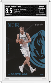 Dirk Nowitzki from the 2017-18 Panini Noir set featuring a Platinum parallel graded by Arena Club and given an overall grade of 8.5.