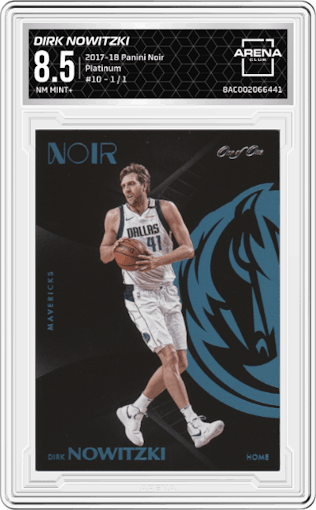 Dirk Nowitzki from the 2017-18 Panini Noir set featuring a Platinum parallel graded by Arena Club and given an overall grade of 8.5.