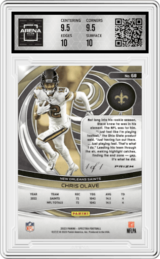 Chris Olave from the 2023 Panini Spectra set featuring a Gold parallel graded by Arena Club and given an overall grade of 10.