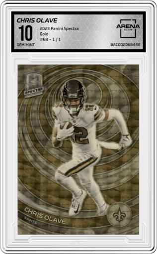 Chris Olave from the 2023 Panini Spectra set featuring a Gold parallel graded by Arena Club and given an overall grade of 10.