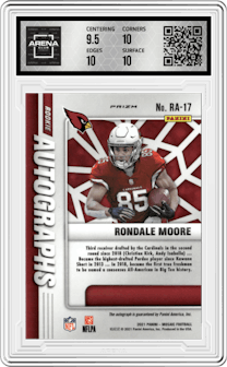 Rondale Moore from the 2021 Panini Mosaic set featuring a Choice Fusion Red & Yellow parallel graded by Arena Club and given an overall grade of 10.