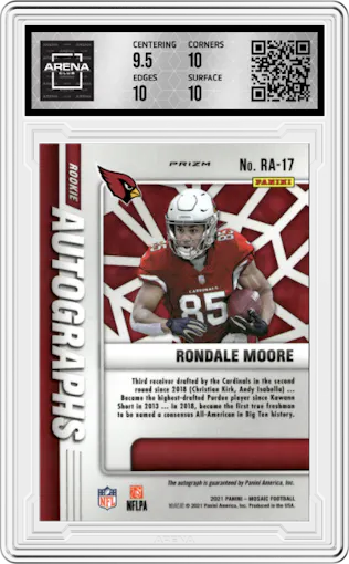 Rondale Moore from the 2021 Panini Mosaic set featuring a Choice Fusion Red & Yellow parallel graded by Arena Club and given an overall grade of 10.