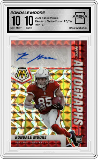 Rondale Moore from the 2021 Panini Mosaic set featuring a Choice Fusion Red & Yellow parallel graded by Arena Club and given an overall grade of 10.
