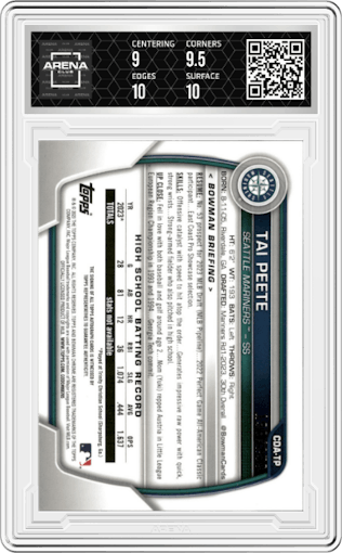 Tai Peete from the 2023 Bowman Draft set featuring a Blue Refractor parallel graded by Arena Club and given an overall grade of 9.5.