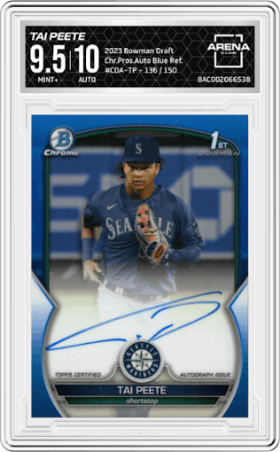 Tai Peete from the 2023 Bowman Draft set featuring a Blue Refractor parallel graded by Arena Club and given an overall grade of 9.5.