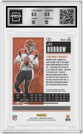 Joe Burrow from the 2020 Panini Contenders set graded by Arena Club and given an overall grade of 10.