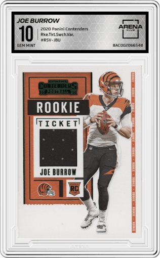 Joe Burrow from the 2020 Panini Contenders set graded by Arena Club and given an overall grade of 10.