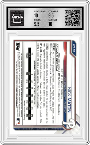 Nick Maton from the 2021 Bowman set featuring a Speckle Refractor parallel graded by Arena Club and given an overall grade of 10.