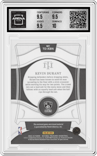 Kevin Durant from the 2022-23 Panini National Treasures set graded by Arena Club and given an overall grade of 10.