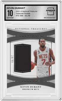Kevin Durant from the 2022-23 Panini National Treasures set graded by Arena Club and given an overall grade of 10.