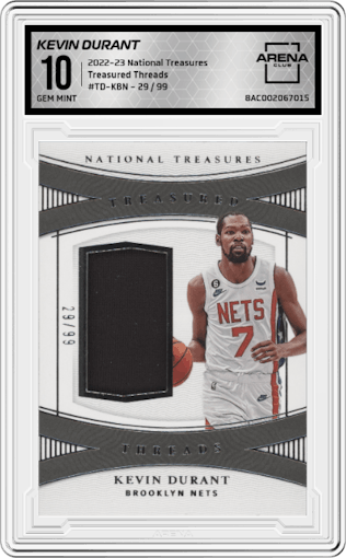Kevin Durant from the 2022-23 Panini National Treasures set graded by Arena Club and given an overall grade of 10.