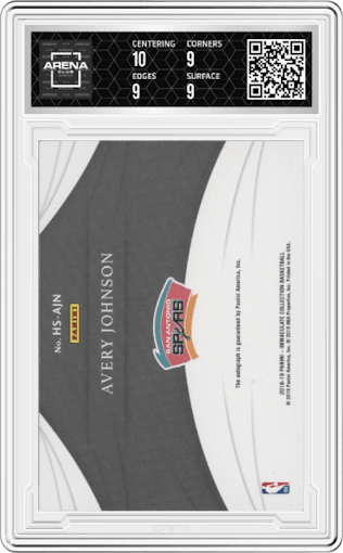 Avery Johnson from the 2018-19 Panini Immaculate Collection set featuring a Red parallel graded by Arena Club and given an overall grade of 9.5.