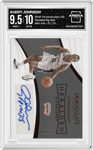 Avery Johnson from the 2018-19 Panini Immaculate Collection set featuring a Red parallel graded by Arena Club and given an overall grade of 9.5.